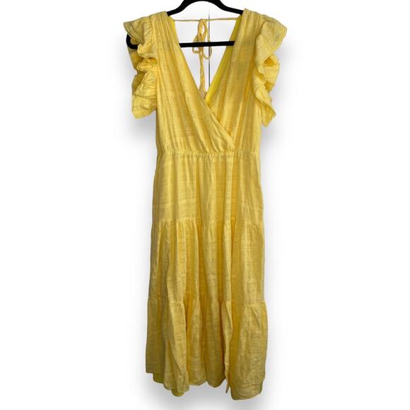 Maggy London Dresses & Skirts - Maggy London Sz 10 Tiered Midi Sundress Yellow Flutter Cap Sleeve Silver Thread